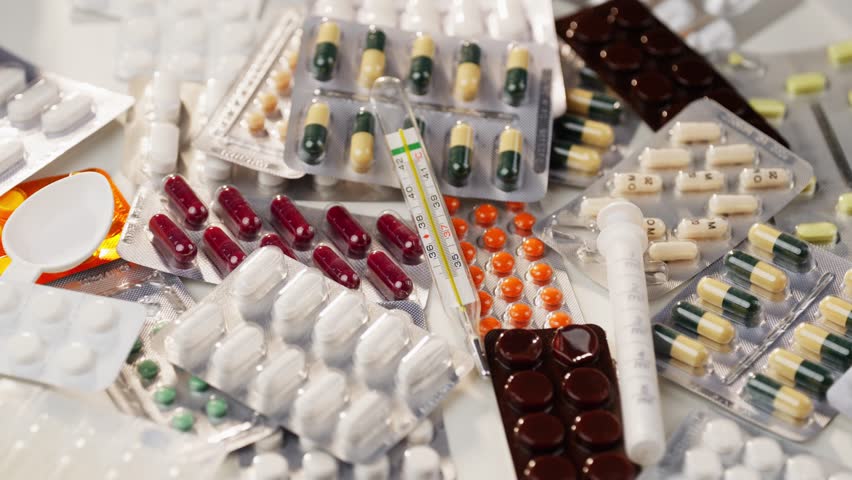 Background video close-up of medicine box falling on thermometer. The concept of treating colds and flu, taking medicines bought at the pharmacy. High quality 4k footage