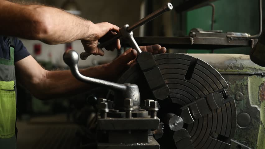 Close-up of worker's hands operating industrial machinery in workshop.