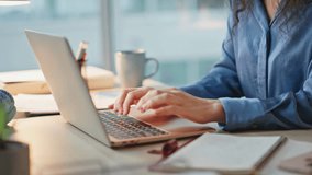 Closeup hands closing computer in office. Successful smiling brunette resting with coffee in chair. Dreamy joyful businesswoman sipping beverage enjoying work results. Corporate executive finish day - Powered by Shutterstock - Get 15% off with code: PIKWIZARD15
