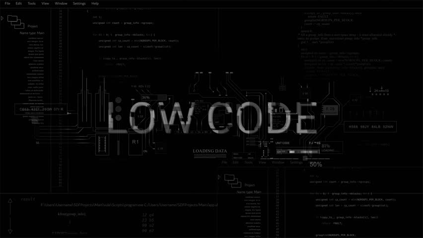 Low Code programming HUD Idea word text title style of computer scifi Data Information internet 2D graphic animation.