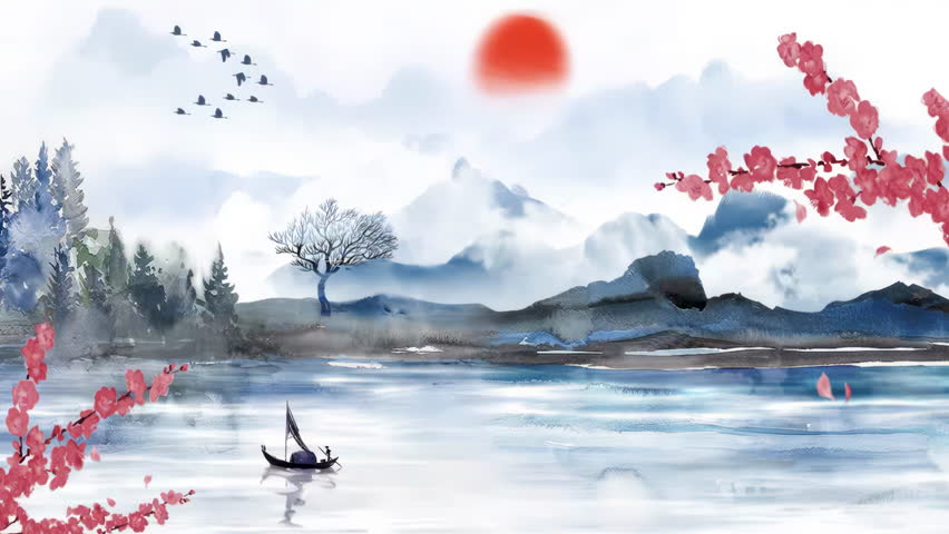 Peaceful nature Traditional Fantasy Chinese style ink landscape plum blossom animation material background of beautiful calm trees, mountains, flowers, lake, water, birds, blue sky, boat