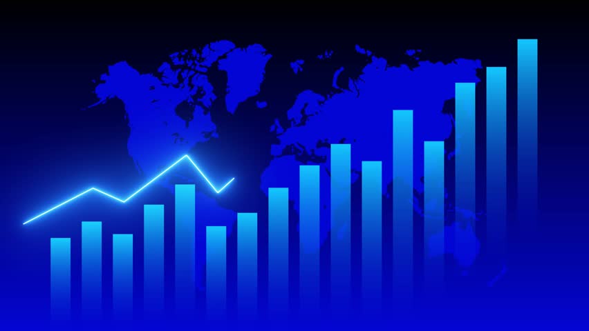 Rising bar and line chart against a blue world map background, symbolizing global financial growth. - Powered by Shutterstock - Get 15% off with code: PIKWIZARD15