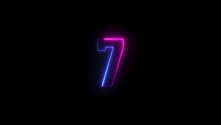 Abstract glowing neon text 7 number countdown icon background 4k animation.