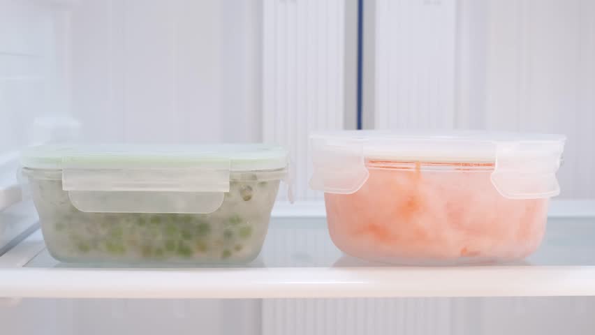 Young woman putting glass boxes with frozen vegetables in refrigerator, food storage concept.