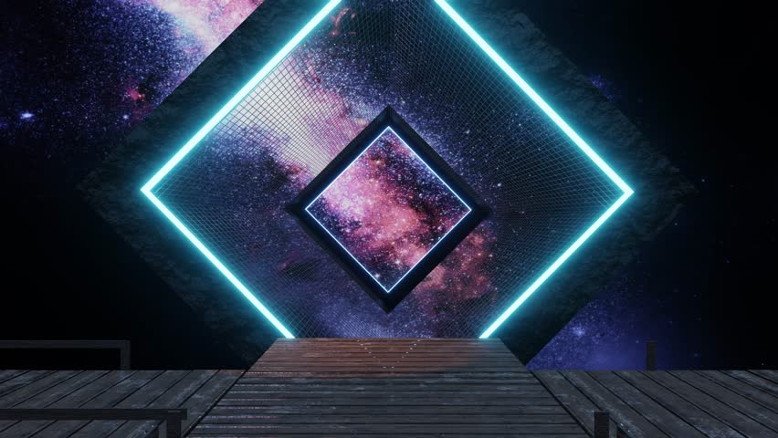fantasy space background with wooden bridge and neon light on flying cube object. 3d animation of seamless loop. SSTKPlates