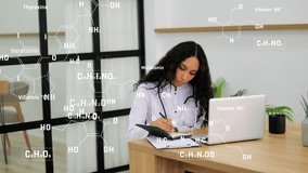 Young woman studies chemistry sitting at desk solving chemical formulas education academic growth. African American student works on chemistry tasks learning educational development chemical formulas. - Powered by Shutterstock - Get 15% off with code: PIKWIZARD15
