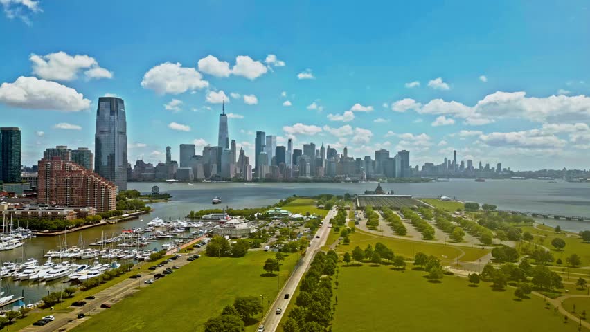 NYC aerial view. New York City skyline, cityscape of Manhattan in USA. New York City NYC Manhattan Downtown Skyline, viewed from Jersey City, New Jersey, USA.