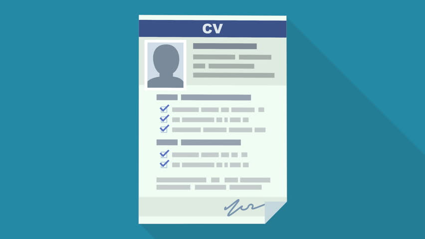 Curriculum vitae in flat design style appears on blue background with long shadow