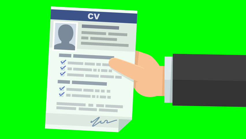 Animation of a hand presenting a Curriculum Vitae (CV) from the right on green screen with alpha channel (flat design)	