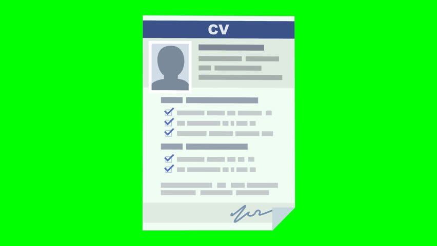 Curriculum vitae in flat design style appears on green screen with alpha channel