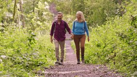 Loving mature couple walking along path through trees holding hands on hike - shot in slow motion - Powered by Shutterstock - Get 15% off with code: PIKWIZARD15