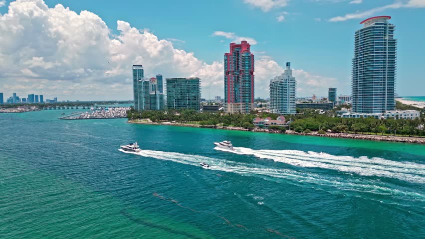 Aerial view of Miami Beach city, Florida, United States. Drone shot of Miami on sunny day. Miami Beach, wonderful aerial view of buildings. Panorama view of Miami Beach, South Beach, USA.
