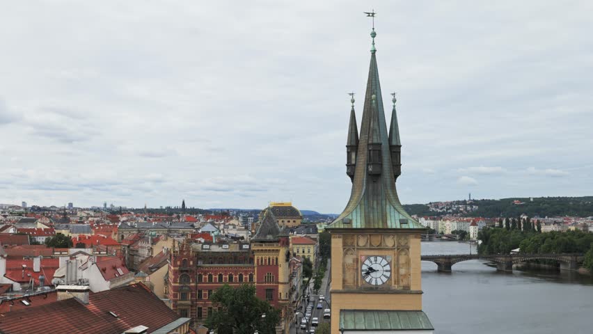 Aerial Video of the Prague Skyline with a Clocktower