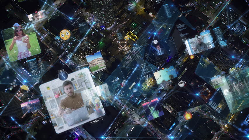 Aerial Overhead view of Modern cityscape at Night with Connections, Emoji and Several Screens. People using Technology and Famous Places. Social Network Application Platform. Influencers. AR.