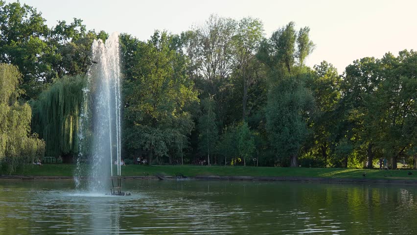 fountain in the lake in VDNG Park. Kiev, Ukraine.