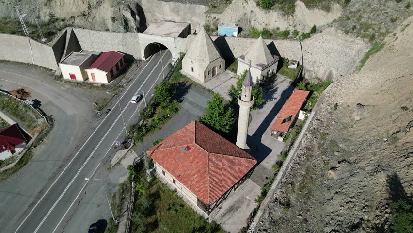 A view from Zeytinlik Mosque and Tombs in Artvin, Turkey. The mosque was built in the 19th century. The tombs were built in the 13th century.