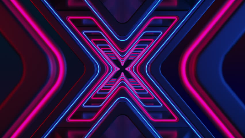 Neon X-shaped tunnel flight. Frames 0-180 seamless loop. Frames 181-350 acceleration to tunnel's end. Vibrant pink and blue colors. Ideal for digital, cyber themes. Ultra HD 4K 3840x2160 CG Animation. - Powered by Shutterstock - Get 15% off with code: PIKWIZARD15