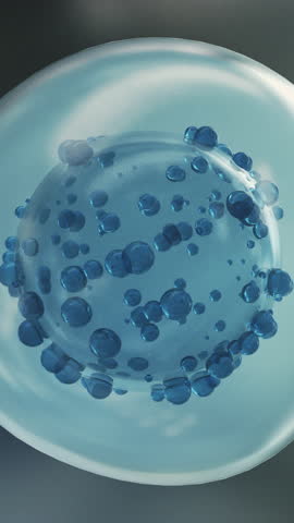 Needle insertion biological material through a membrane into a cell. Medical cinematic macro 3d animation of a stem cell injection. Vertical Video