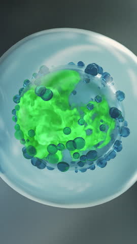 Needle insertion biological material through a membrane into a cell. Medical cinematic macro 3d animation of a stem cell injection. Vertical Video