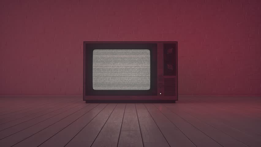 Old CRT TV is on the floor in a dark red light and empty room. On the screen there is a frightening white noise filling the room with a hypnotizing atmosphere of mystical evil. Dolly camera movement
