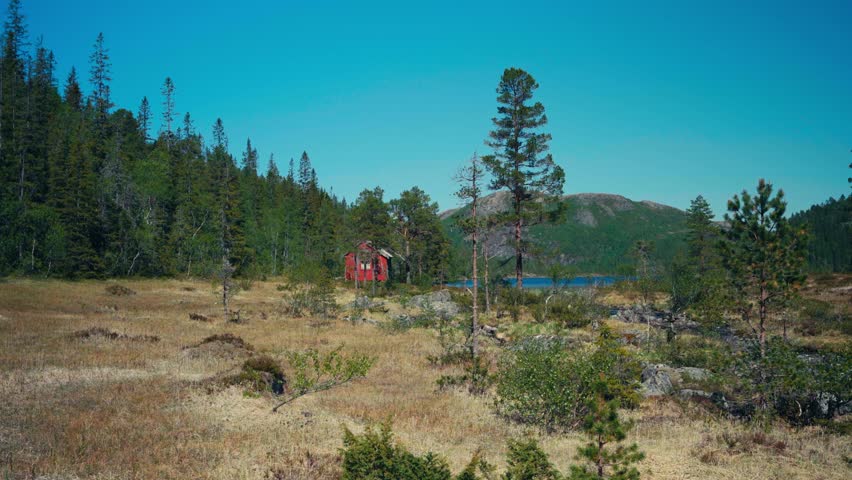 View Of Cabin Near A Lake In The Forest In Indre Fosen, Norway - Wide Shot