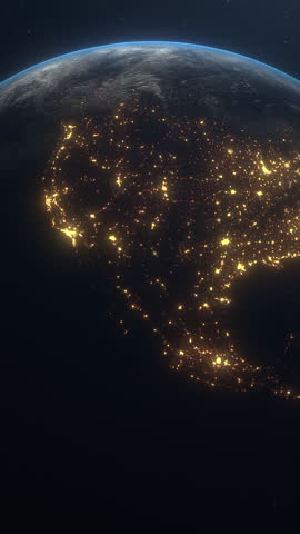 Beautiful sunrise world skyline. Planet earth from space. Planet earth rotating animation. Space, planet, galaxy, stars, cosmos, sea, earth, sunset, globe. 3D Vertical Video