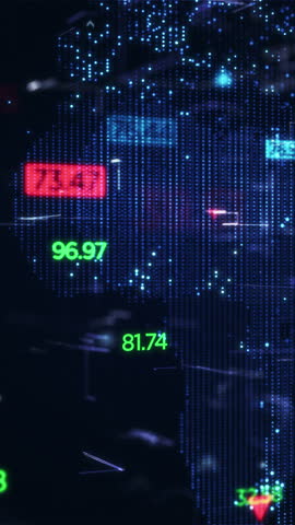 Variable figures on a digital map. Economy, business, stock market, digital concept of analysis. Vertical Video