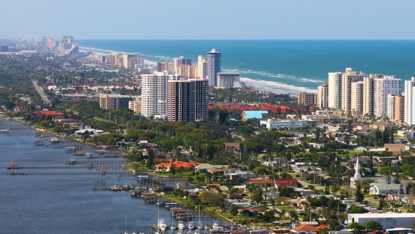 Daytona Beach, Florida. Coastal city in southern USA on Atlantic ocean shore. Aerial view of wealthy waterfront neighborhood.