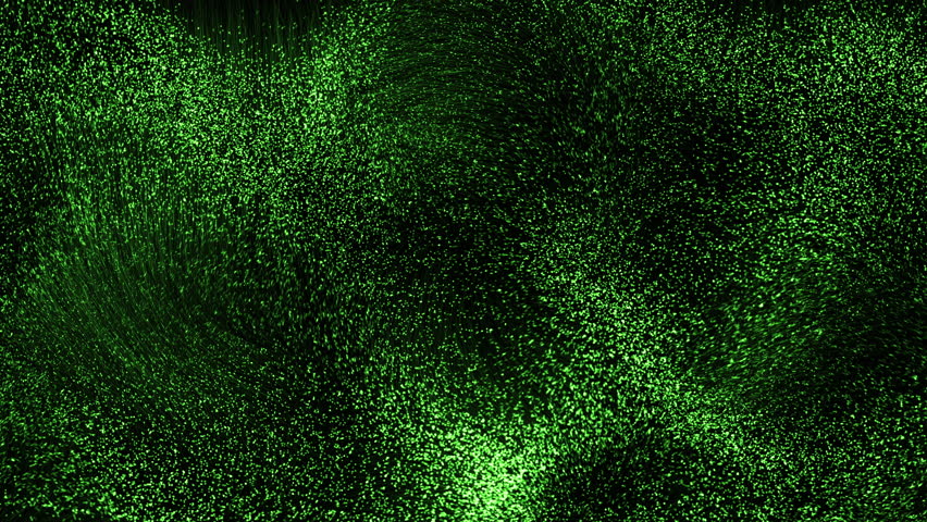 Numerous small, bright green particles move against a dark background. The particles cluster in certain areas, creating a sense of density and movement