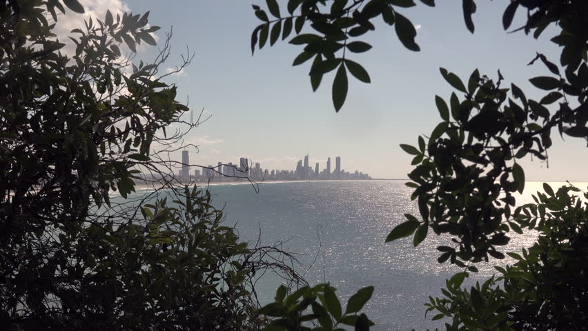 Aerial landscape view silhouette of Surfers Paradise skyline Gold Coast Queensland Australia