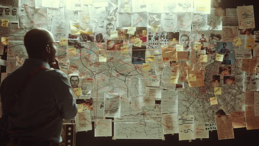 Pensive Black detective standing in office at night and studying clues on investigation board covered with maps, photos and documents linked by red thread. View from behind, zoom-out shot