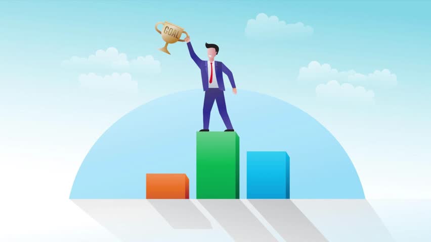 Animation of man raises trophy on podium with view of cloudy blue sky. Motion graphic video illustration