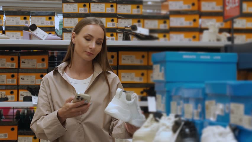 A young woman, wearing a beige shirt, stands in a shoe store and examines a pair of white sneakers. The woman is using her smartphone to check the details of the shoes. There are numerous shoe boxes