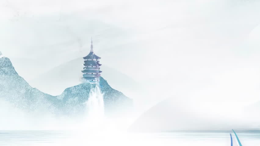 Chinese style ink clouds, mist landscape background Painting of beautiful calm trees, mountains, flowers, lake, water, birds, blue sky, boat, cherry blossoms season