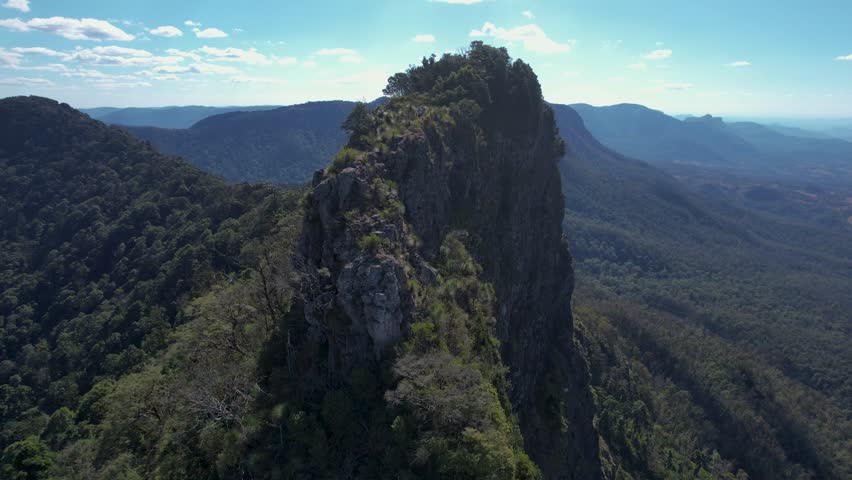 Aerial view of remote Main Range National Park with majestic Mount Mitchell and rugged rock formations, Brisbane, Queensland, Australia.