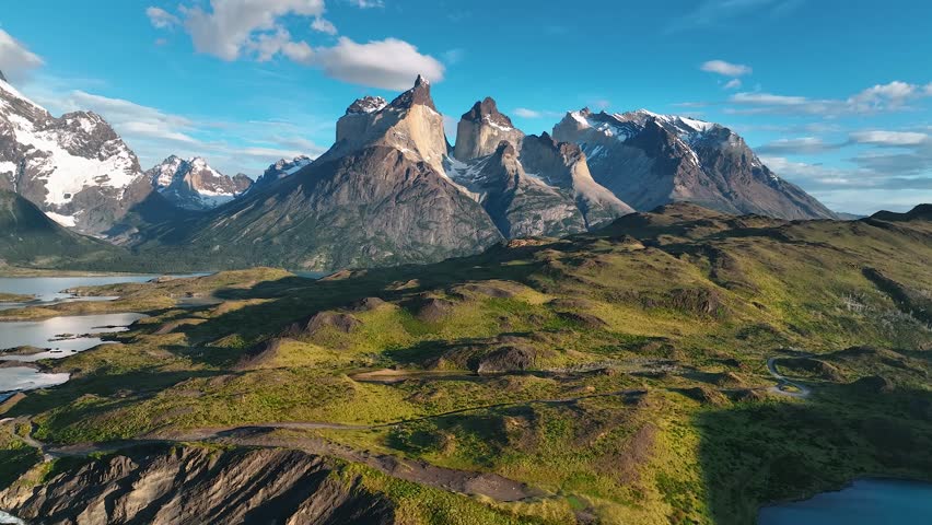 Aerial view of Torres del Paine with snow capped peaks and serene lakes, Patagonia, Chile.
