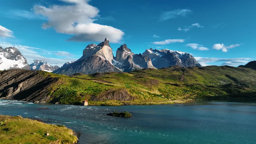 Aerial view of Torres del Paine in Patagonia, Chile.