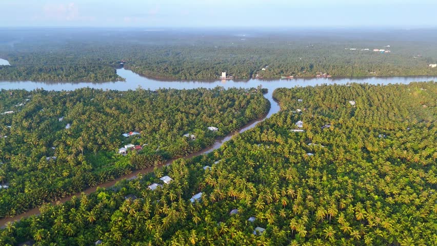 Impression with coconut land at Giong Trom, Mekong Delta, Vietnam, wonderful village aerial view for eco travel, landscape as paradise with palm jungle, river along beautiful green tree at Ben Tre