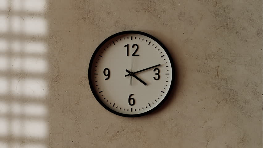 Time-lapse of black and white classic wall clock, textured warm beige concrete background, moving shadows from window blinds, soft sunlight, sunny day to evening transition, zoom in effect