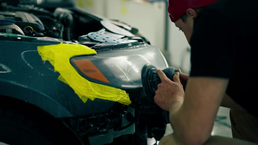 car detailing at a service station black car is covered with yellow tape the process of polishing the car with a special nozzle polishing the headlights