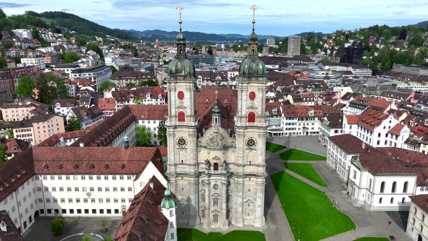 St. Gallen Cityscape Skyline, Abbey Cathedral of Saint Gall in Switzerland in a day. Beautiful Aerial View with drone. 