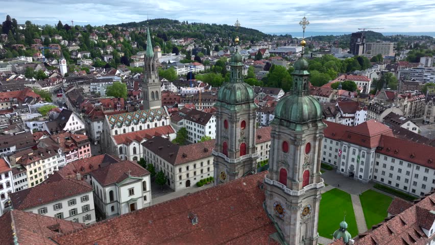 St. Gallen Cityscape Skyline, Abbey Cathedral of Saint Gall in Switzerland in a day. Beautiful Aerial View with drone. 