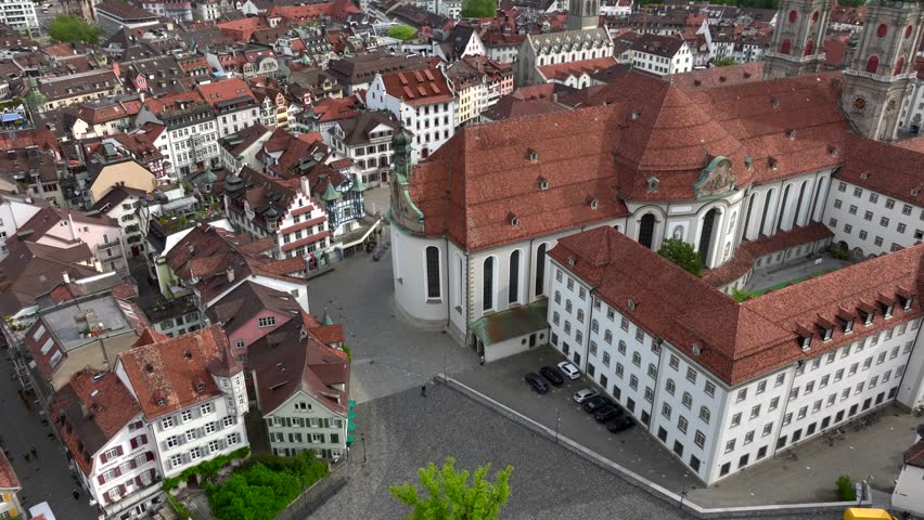 Altstadt Old City in St. Gallen Switzerland in a Day, Abbey Cathedral of Saint Gall in Switzerland. Aerial drone View. 