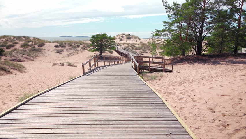 Walking the Wooden Boardwalk to Yyteri Beach in the Gulf of Bothnia	A wooden boardwalk winds through sand dunes and pine trees on a bright summer day, leading to the sandy shores of Yyteri beach 