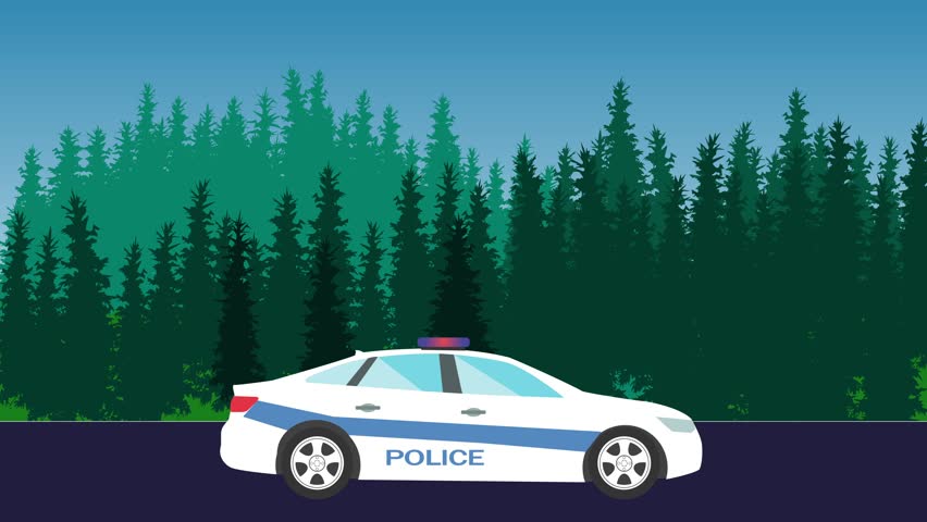 Animation of police car running on the way,  forest area in the background