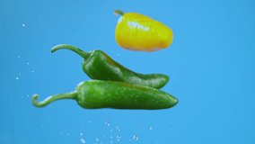 Yellow, green chili bell peppers launched in air with water droplets, vegetables for cooking. High quality cinematic studio commercial super slow motion 1000fps fresh vegetables moving up and down. - Powered by Shutterstock - Get 15% off with code: PIKWIZARD15