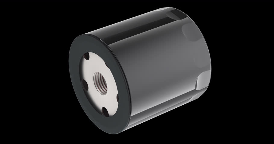 Parts of car oil filter, disassembled car oil filter, animation seamlessly loopable. 3D rendering isolated on transparent background