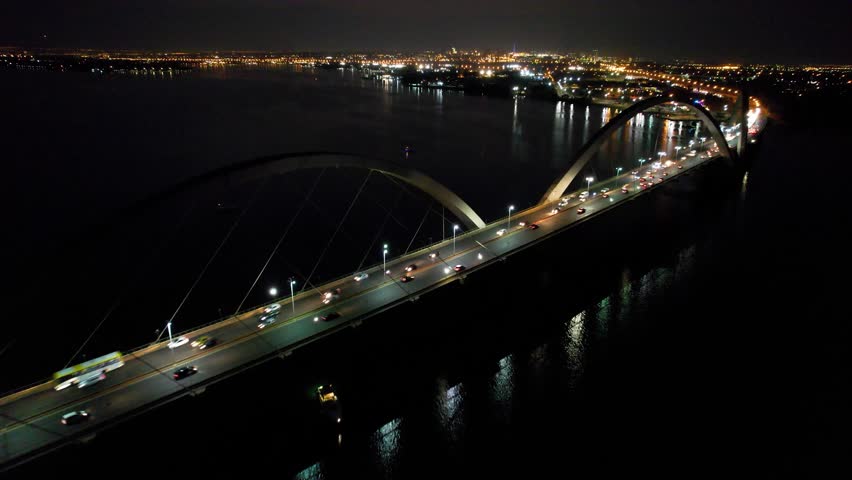 Night Juscelino Kubitschek Bridge At Brasilia Federal District Brazil. Birds Eye View Of Suspension Bridge With Cars Driving Across. Building Construction Landscape High Rise Building Stunning.