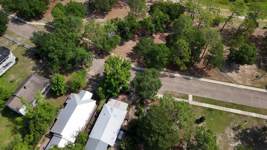 Lush Green Trees And Wooden Pier On Shore Of Lake DeFuniak In DeFuniak Springs, Florida. aerial tilt-up shot