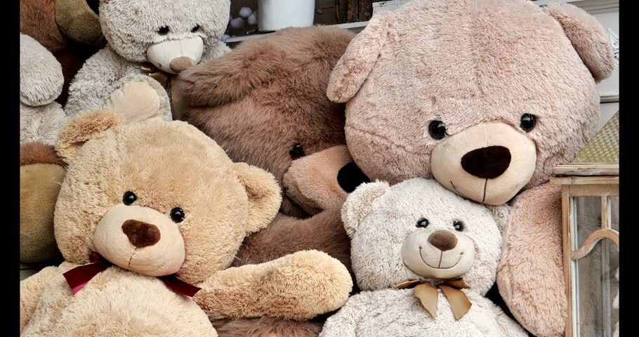 Teddy bears.Symbol of childhood and comfort.Soft bears toys set.Childrens soft toys. 4k footage